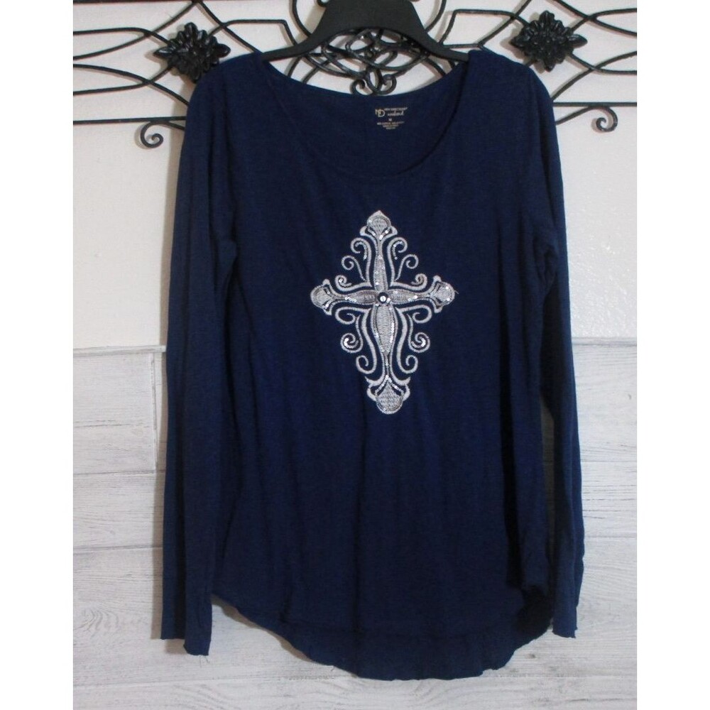 New Directions Knit Women's Top Size M Long Sleeve Blue Scoop Neck